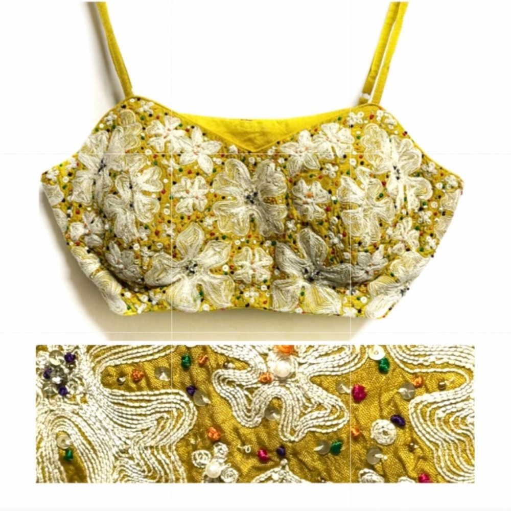 Handmade Yellow Embellished Silk Bustier Saree Top M